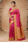Magenta Pink & Gold Banarasi Silk Saree - Model Wearing