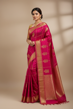 Magenta Pink Kanjivaram Saree with Gold Zari Grid and Temple Motifs