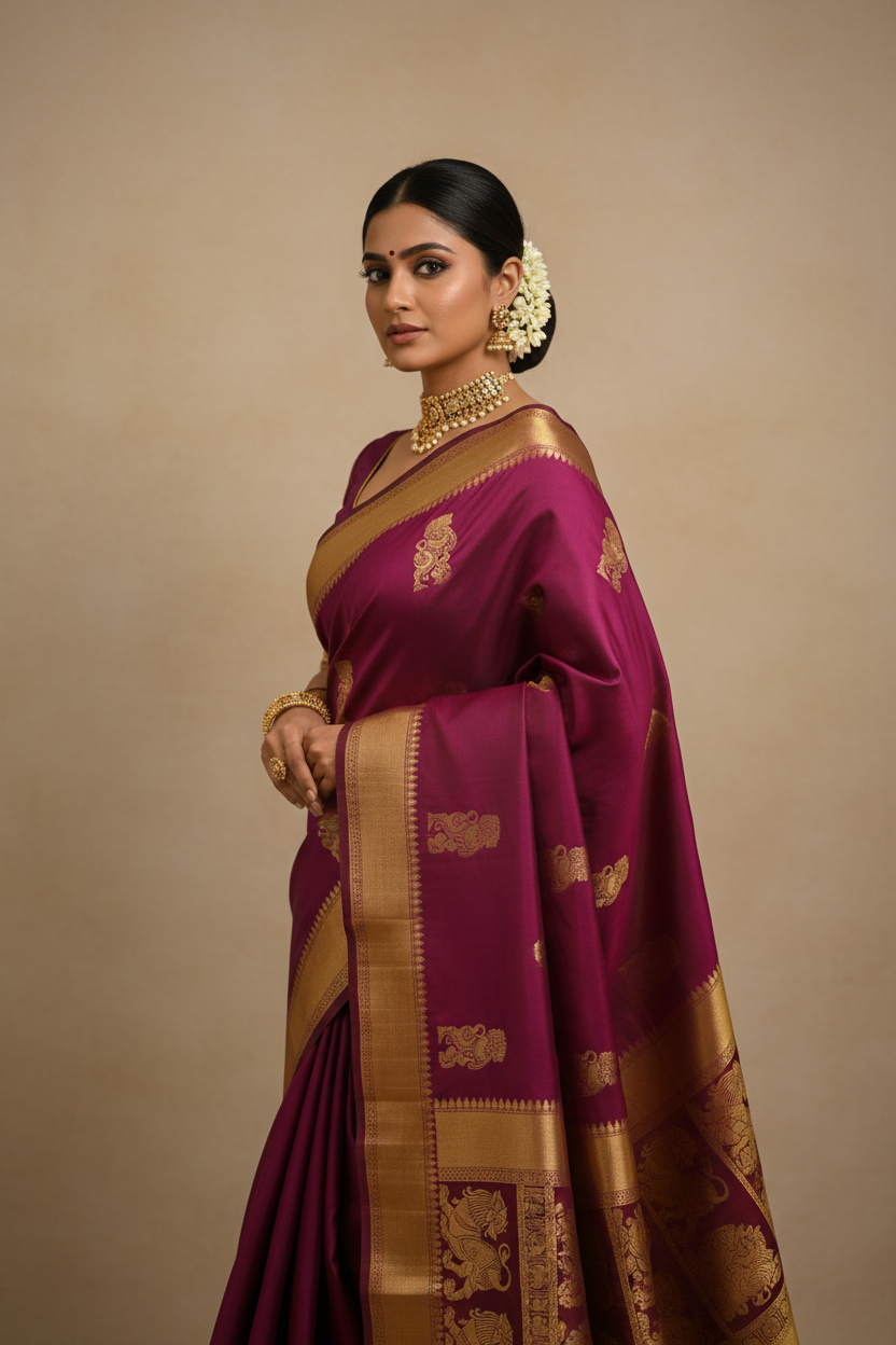 Magenta Purple Kanjivaram Saree with Yali Motifs and Wine Maroon Border