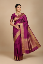 Magenta Purple Silk Saree with Gold Geometric Border