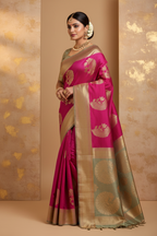 Magenta & Sage Green Silk Saree on Model