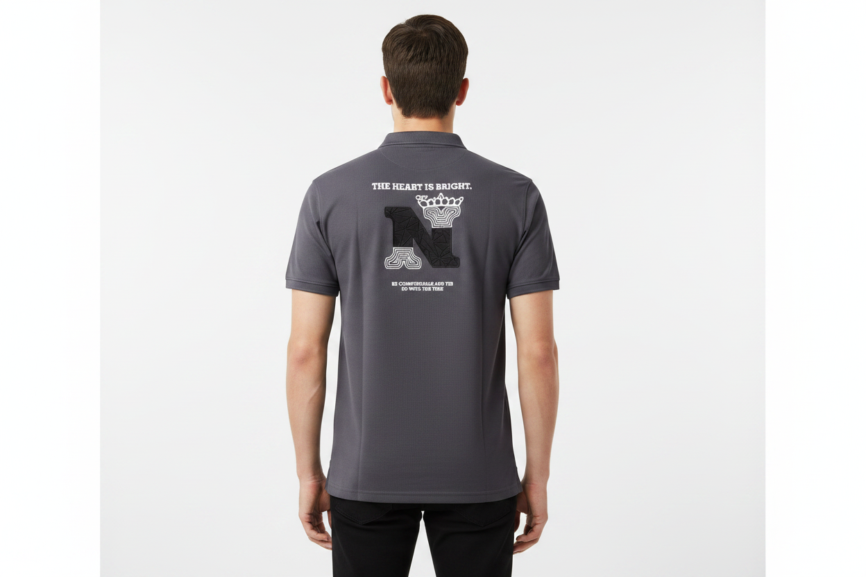 Male model - back pose charcoal grey polo
