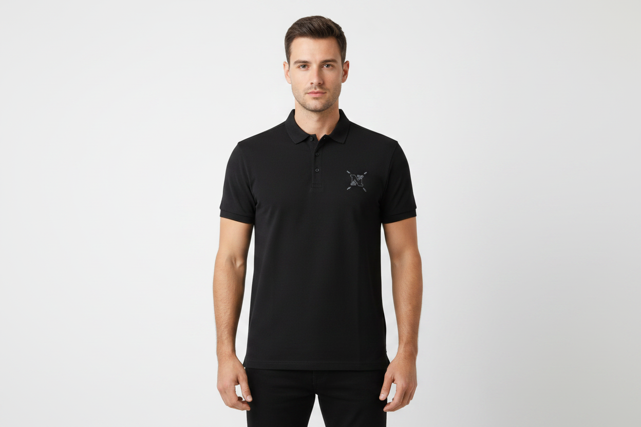 Male model - front pose black polo