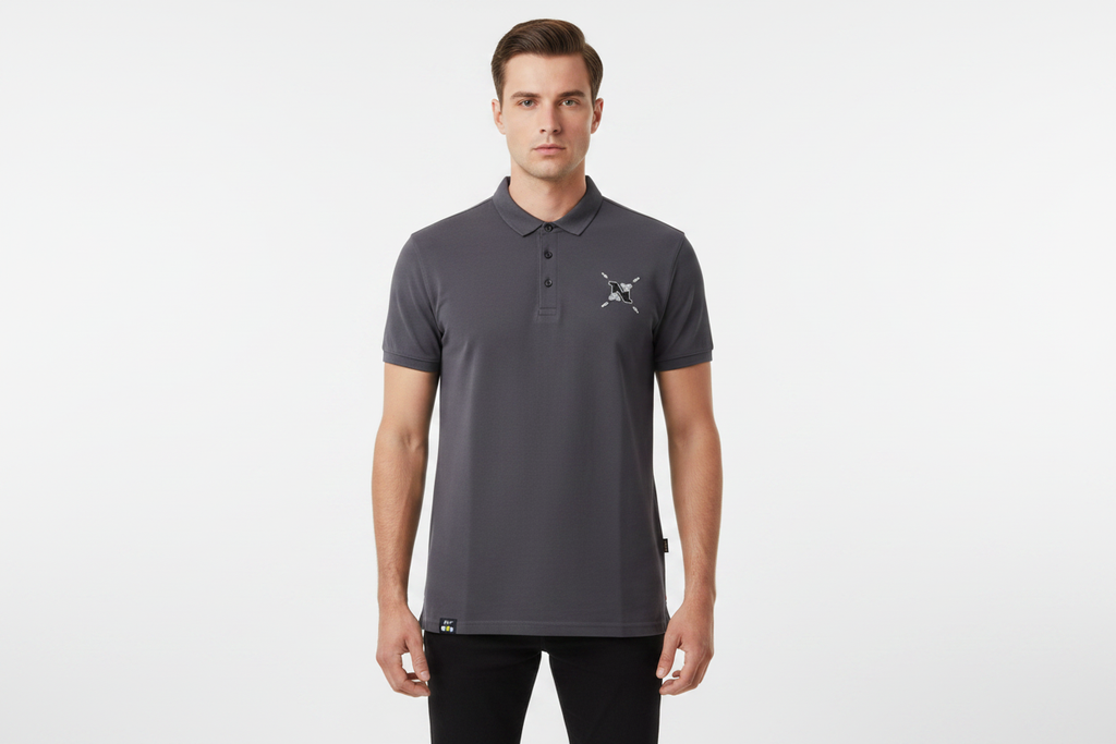 Male model - front pose dark grey polo