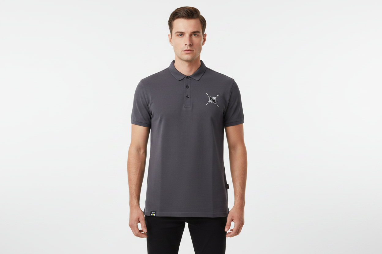Male model - front pose dark grey polo