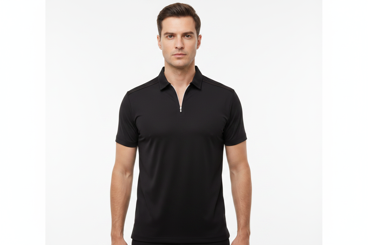 Male model wearing black half-zip polo
