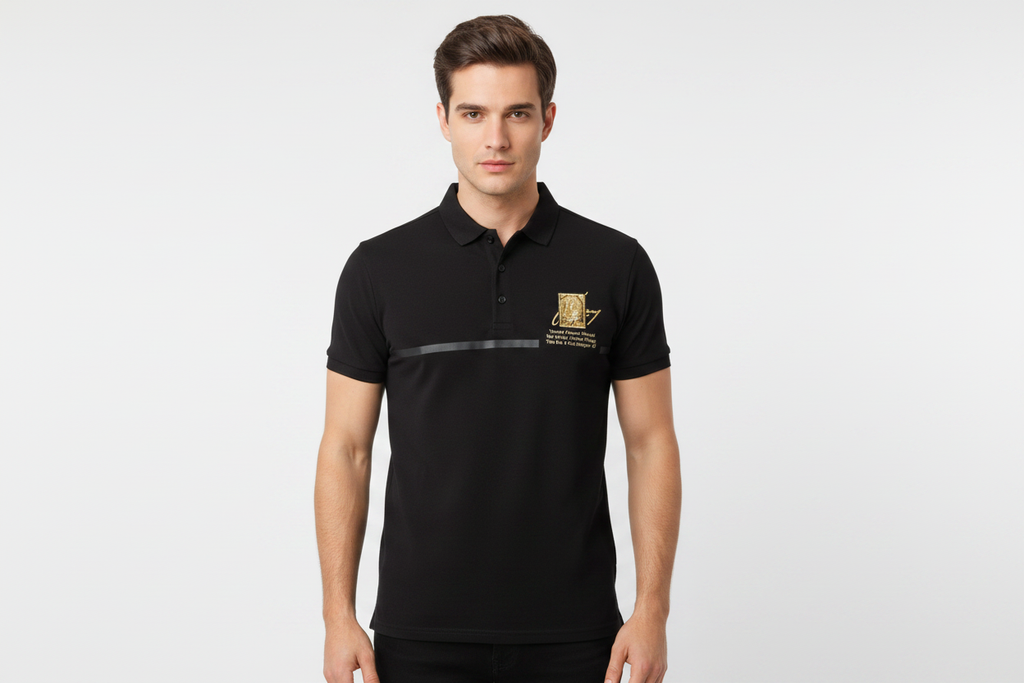 Male model wearing black polo with chest stripe and gold patch