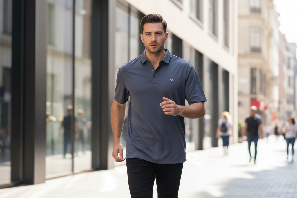 Male model wearing dark grey DG polo - walking pose
