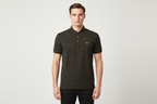 Male model wearing dark olive jacquard polo