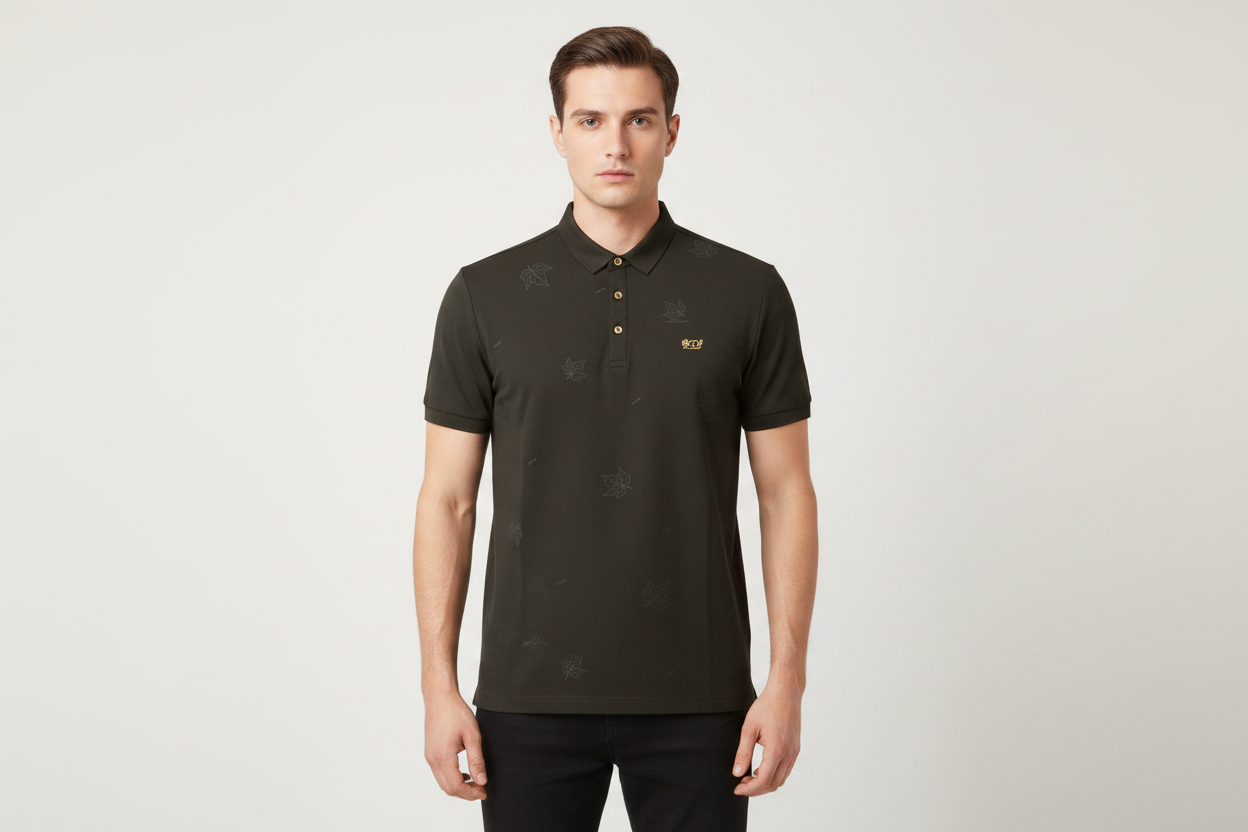 Male model wearing dark olive jacquard polo