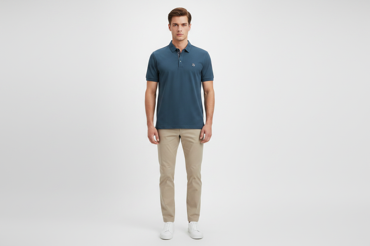 Male model wearing dark teal polo