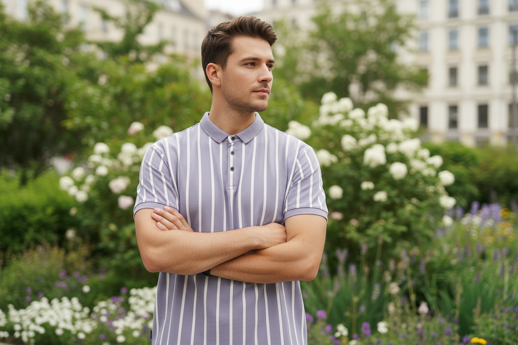 Male model wearing lavender striped polo - arms crossed pose