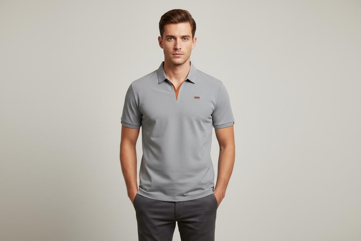 Male model wearing light grey polo shirt