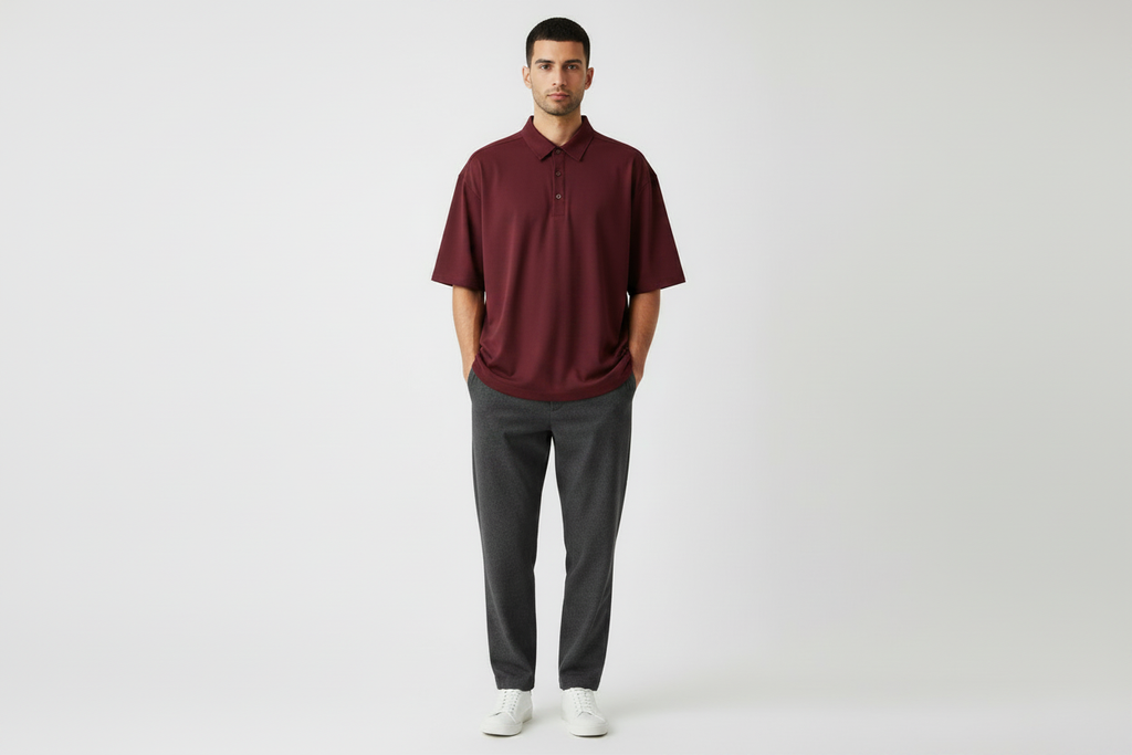 Male model wearing maroon oversized polo