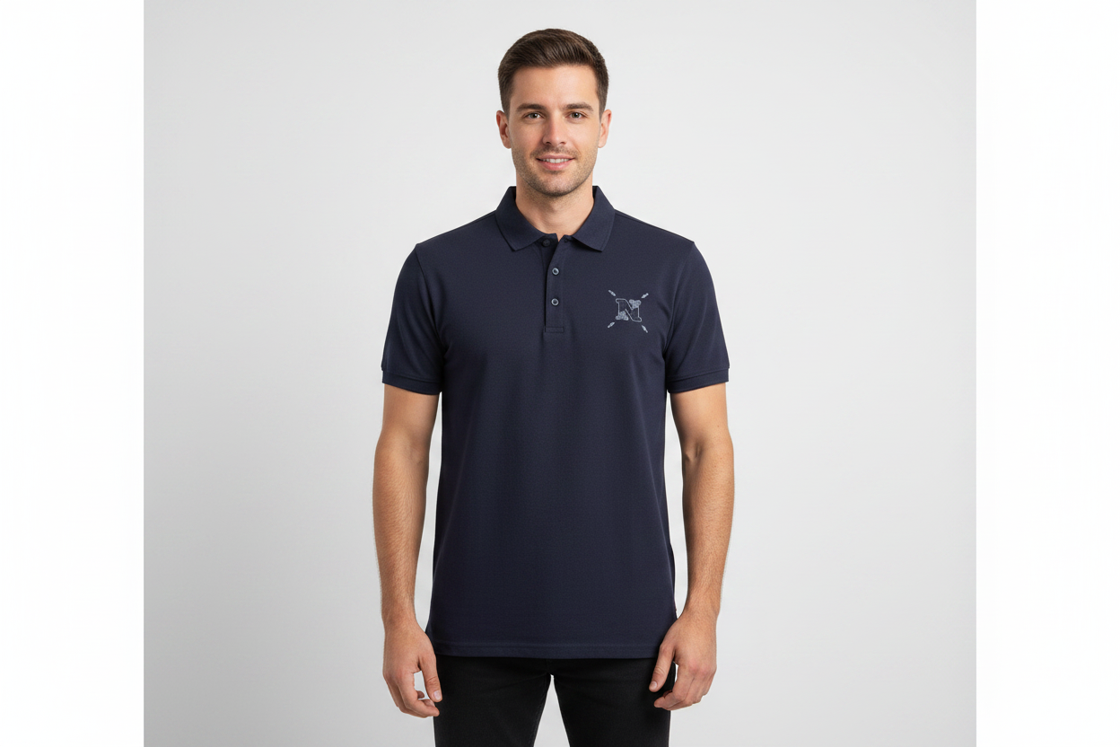 Male model wearing navy blue polo with N logo