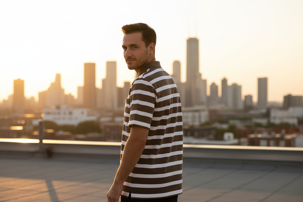 Male model wearing olive striped polo - over shoulder pose