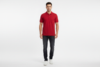Male model wearing red polo shirt