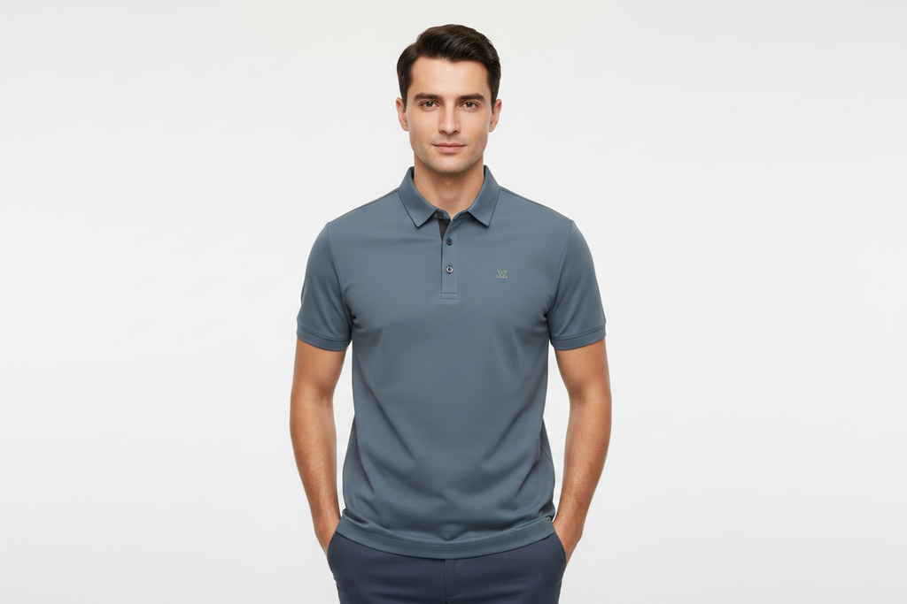 Male model wearing slate blue-grey polo