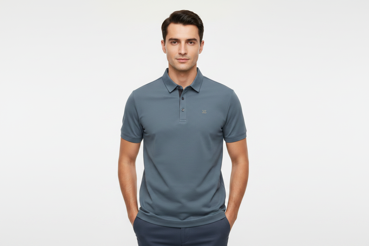 Male model wearing slate blue-grey polo