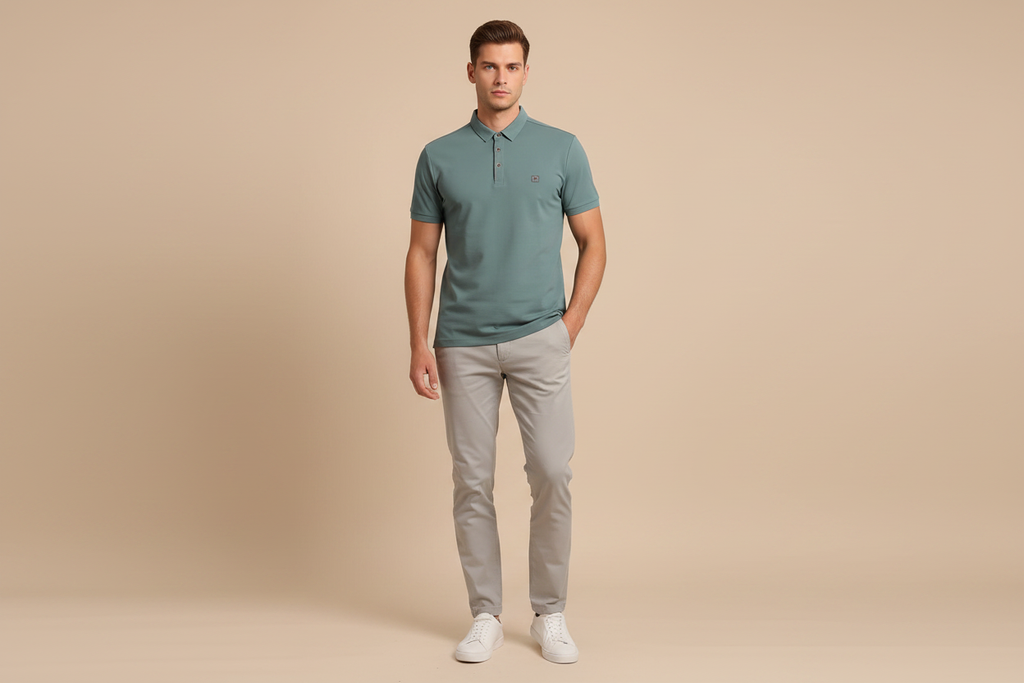 Male model wearing teal polo shirt