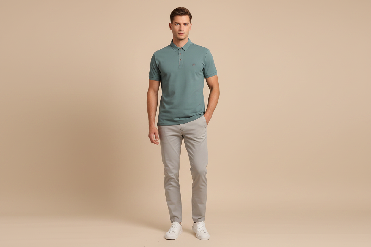 Male model wearing teal polo shirt
