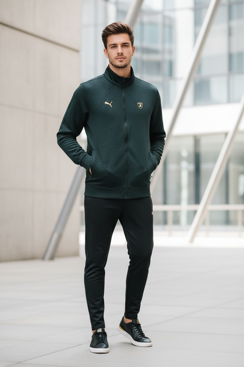 Man Wearing Dark Green Puma Lamborghini Track Jacket