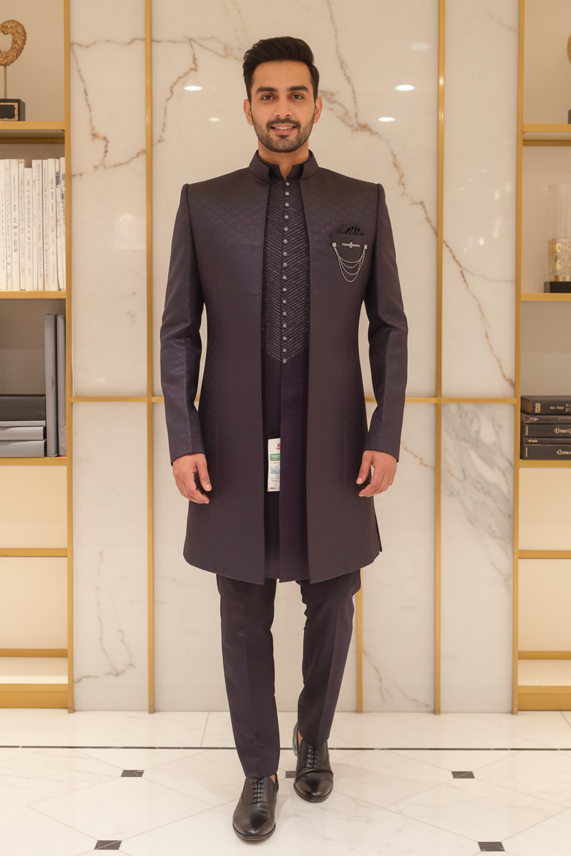 Man Wearing Dark Navy Indigo Sherwani Set