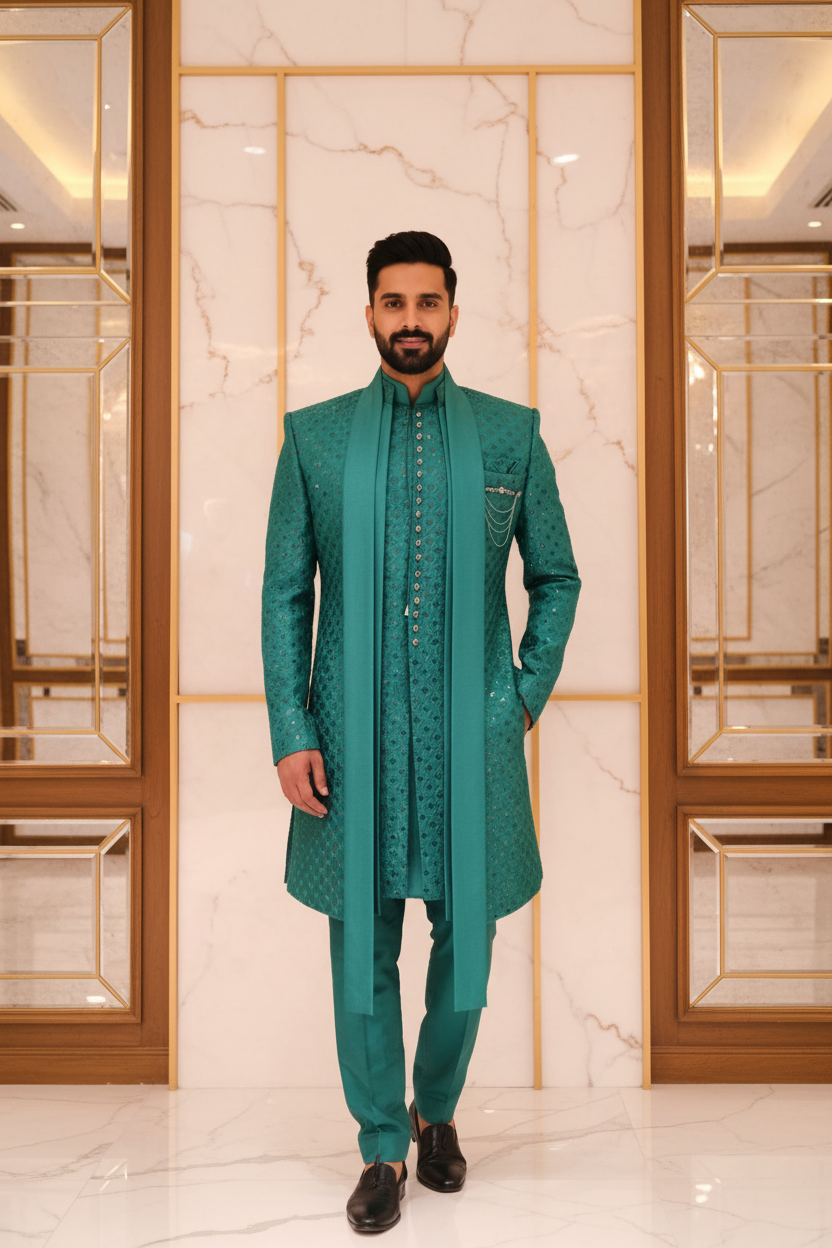 Man Wearing Emerald Green Sherwani Set