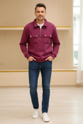 Man Wearing Magenta Half-Zip Pullover Sweatshirt