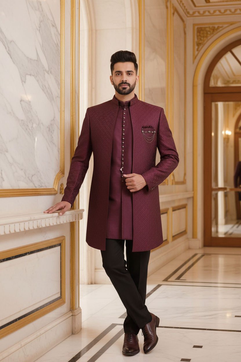 Man Wearing Maroon Sherwani Set