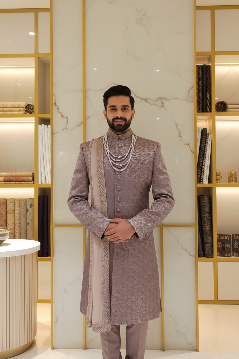 Man Wearing Mauve Brocade Sherwani with Pearl Mala
