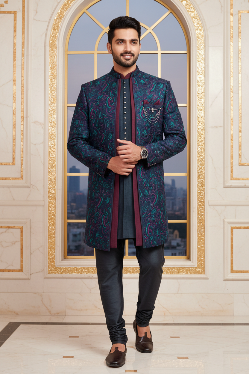 Man Wearing Multicolor Brocade Sherwani