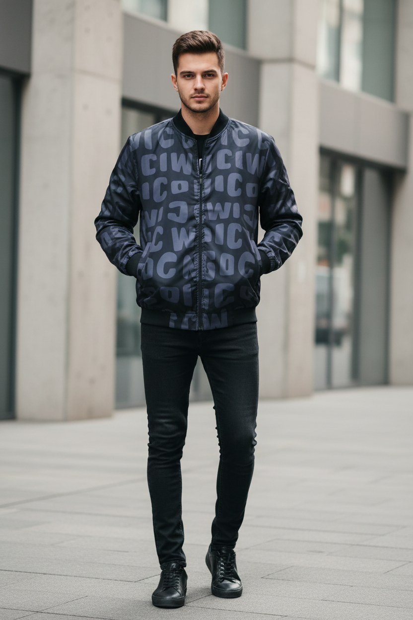Man Wearing Navy Monogram Bomber Jacket