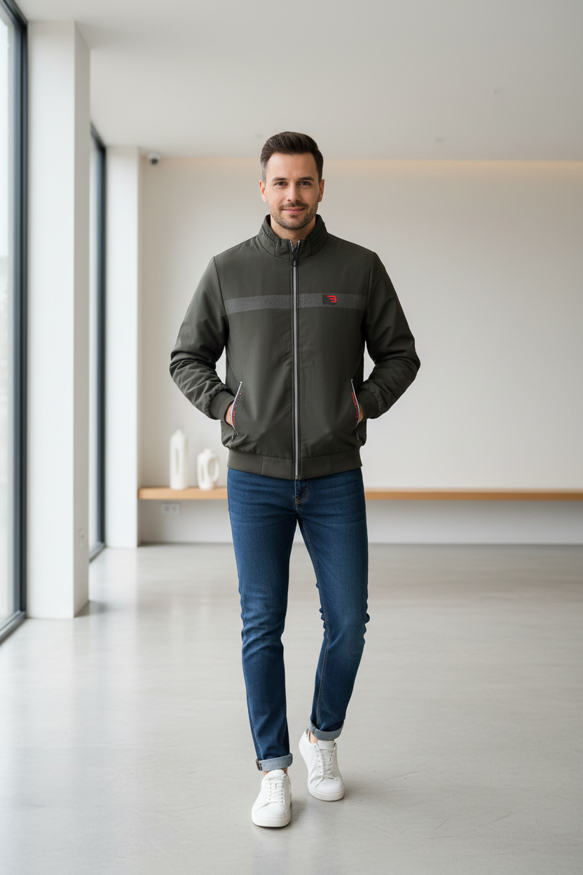 Man Wearing Olive Charcoal Bomber Jacket