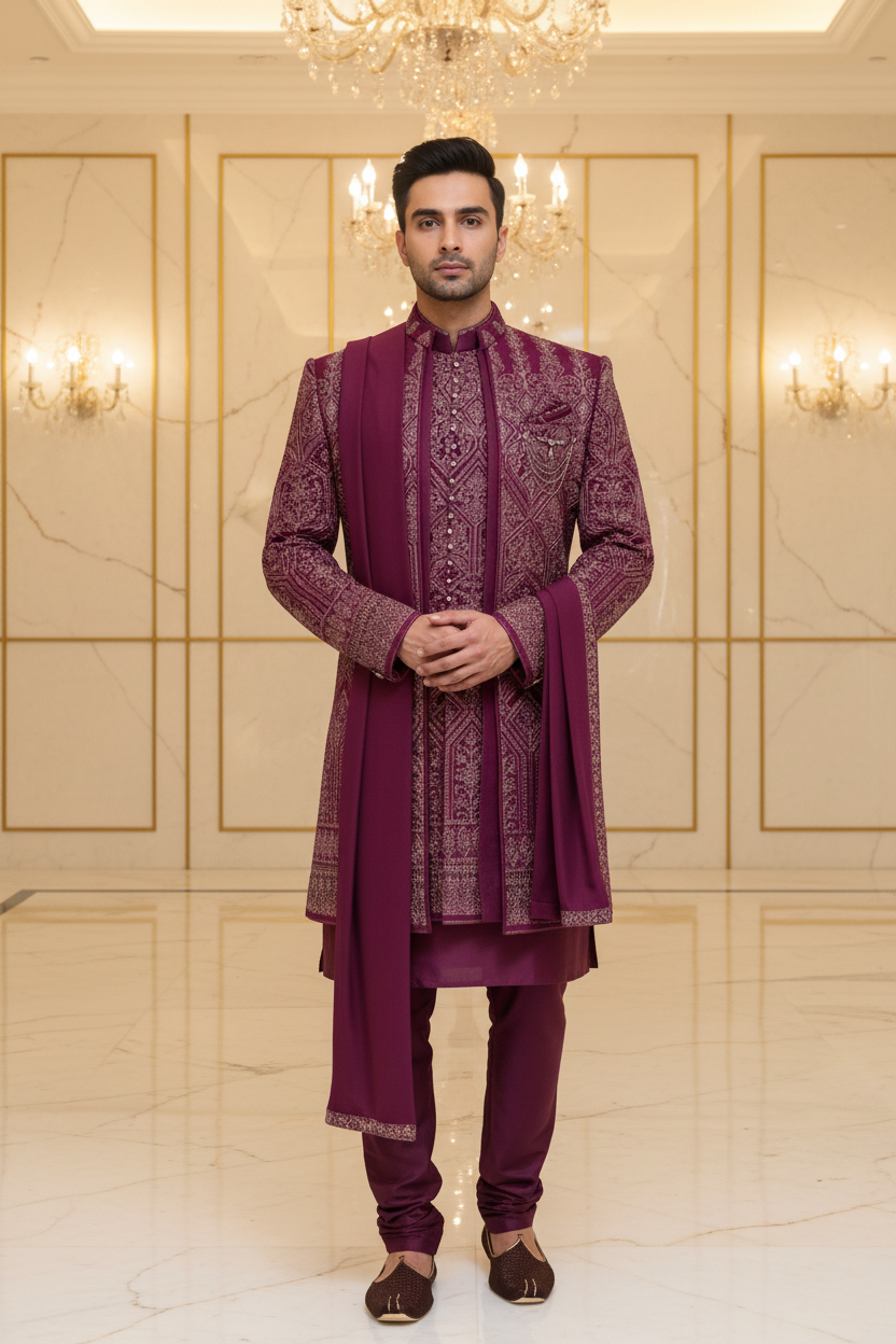 Man Wearing Plum Purple Embroidered Sherwani