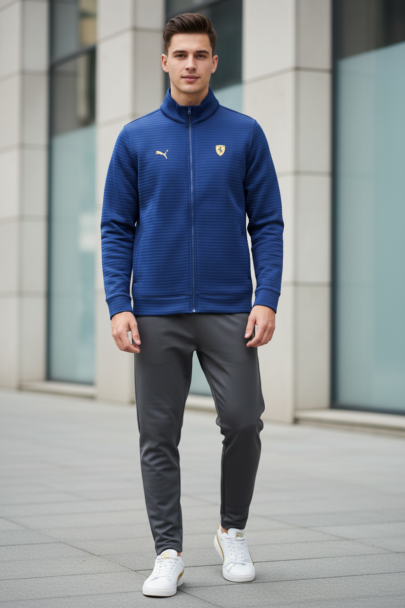Man Wearing Royal Blue Puma Ferrari Track Jacket