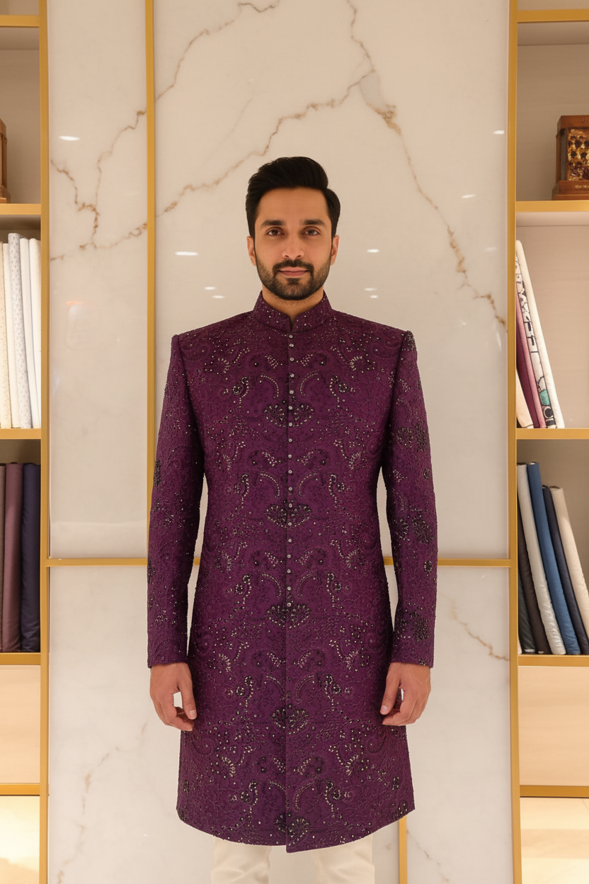 Man Wearing Royal Purple Chikankari Sherwani