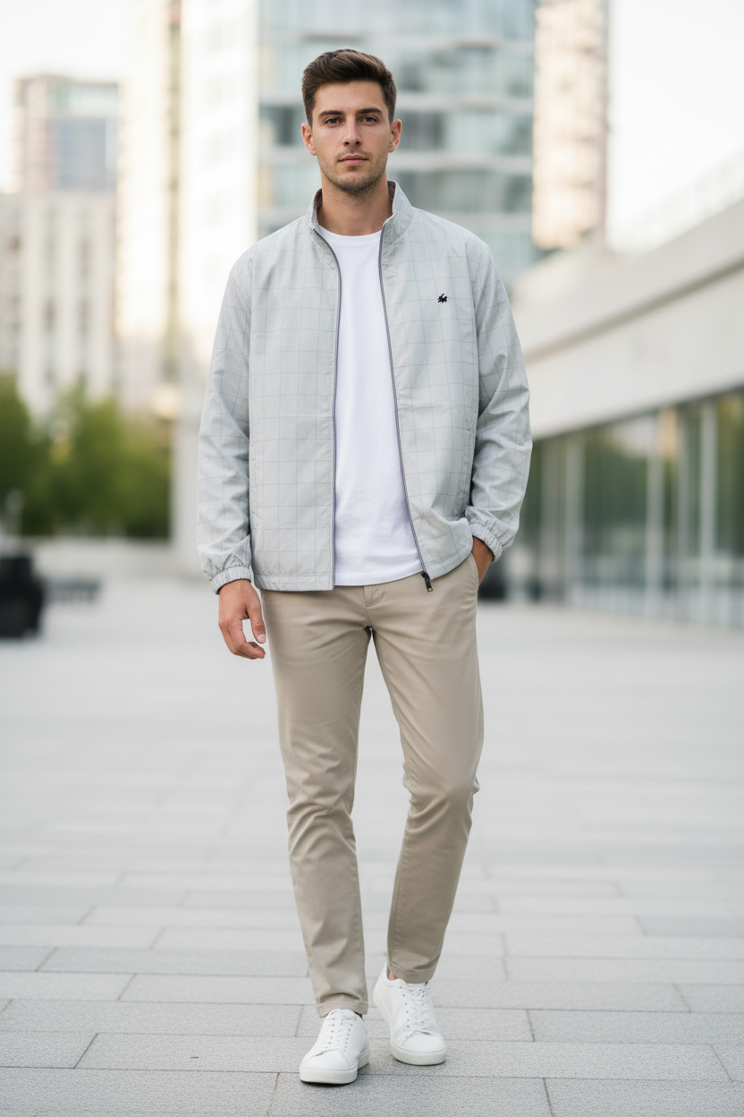 Man Wearing Silver Grey Grid Windbreaker