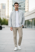 Man Wearing Silver Grey Grid Windbreaker