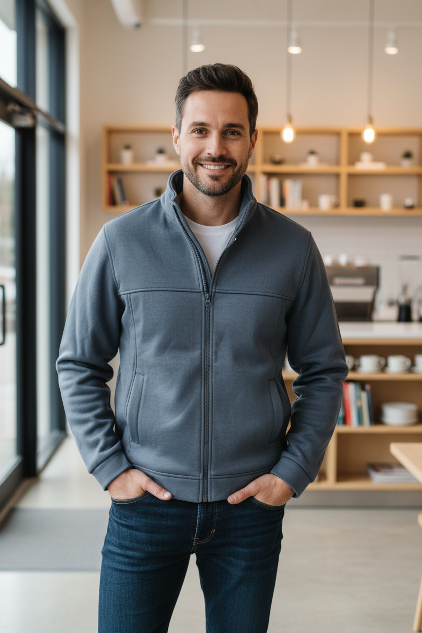 Man Wearing Slate Blue Fleece Zip Jacket