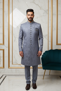 Man Wearing Steel Blue Brocade Sherwani