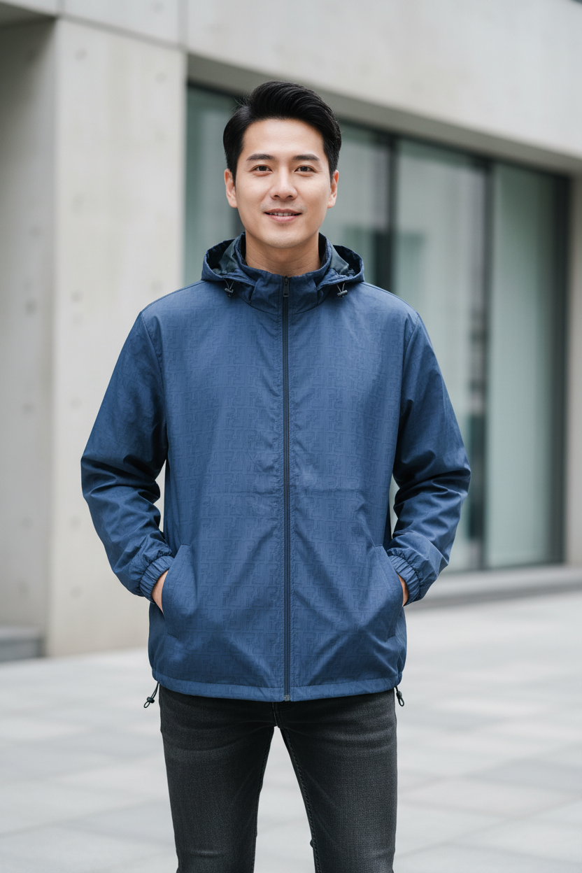 Man Wearing Steel Blue Windbreaker Jacket