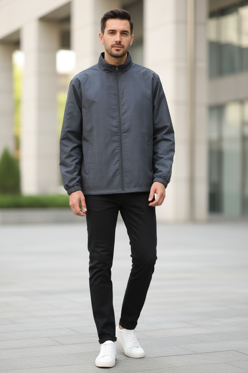 Man Wearing Steel Blue Windbreaker Jacket