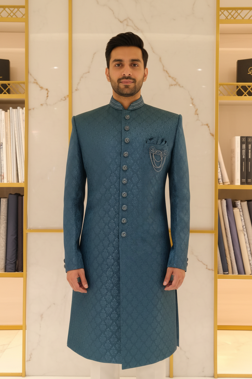 Man Wearing Teal Blue Sherwani