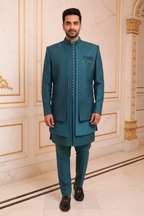 Man Wearing Teal Sequin Sherwani Set