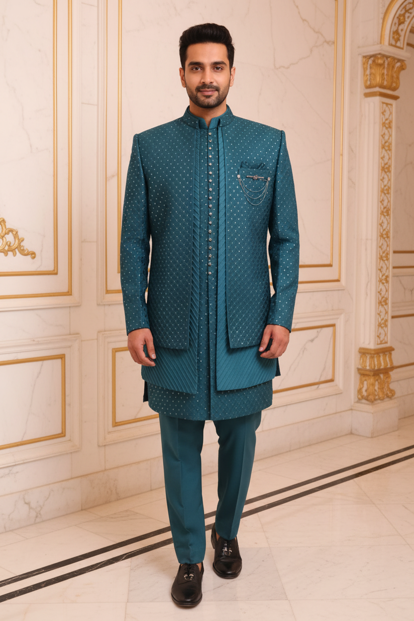 Man Wearing Teal Sequin Sherwani Set