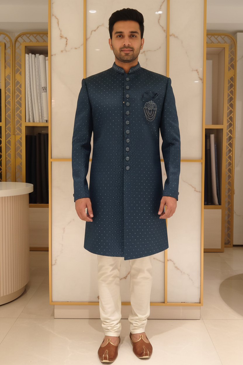 Man Wearing Teal Sherwani