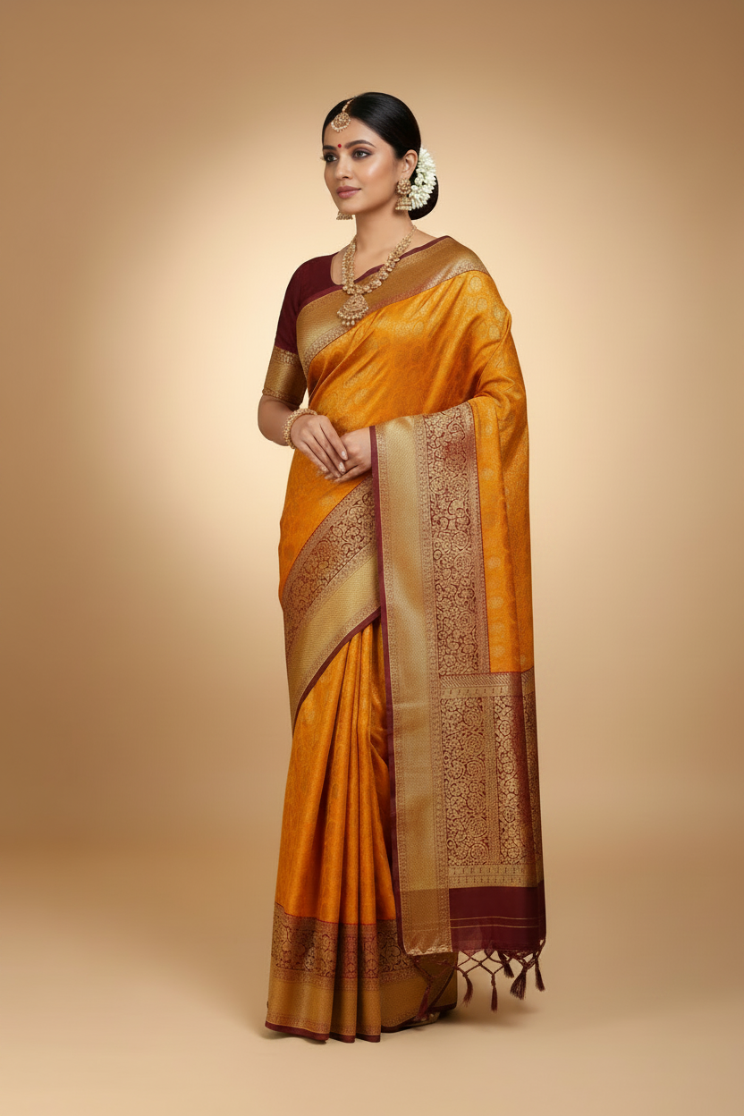 Mango Yellow Kanjivaram Saree Model Retry
