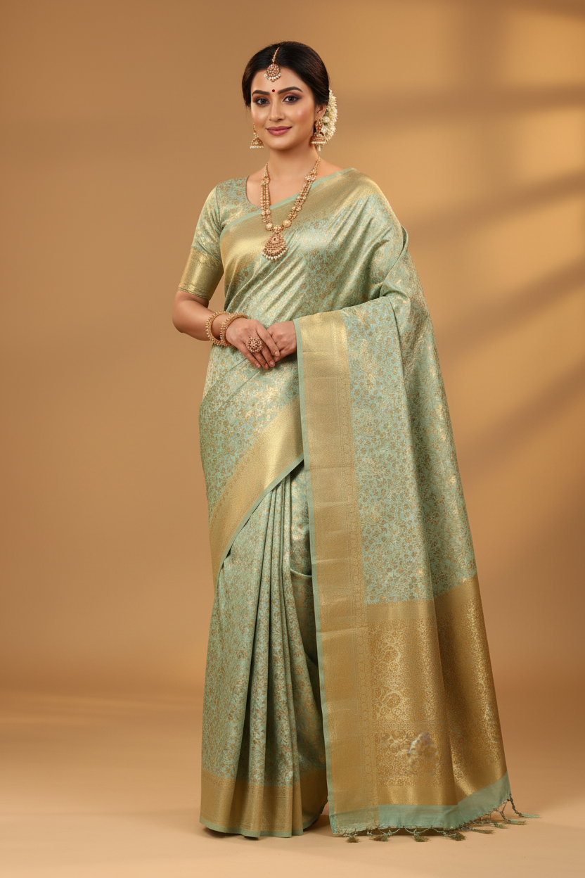 Mint Green Banarasi Silk Saree - Model Wearing