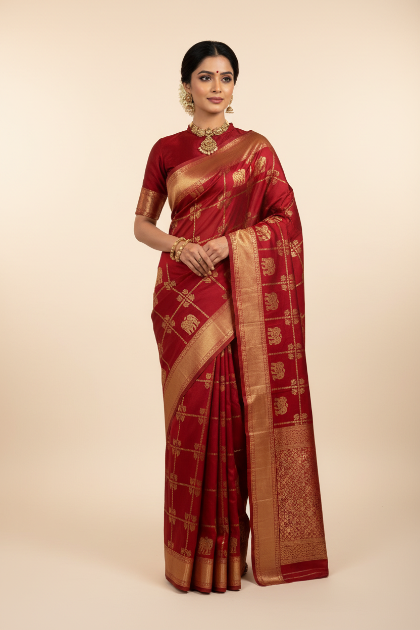 Model Draping Crimson Red Elephant Motif Silk Saree